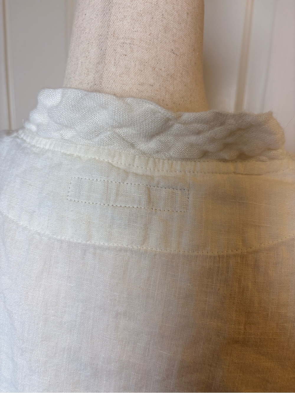 FLAX White 100% Linen Ruffle Collar Button Front Lagenlook Blouse Size P (4-6) - Picture 3 of 6